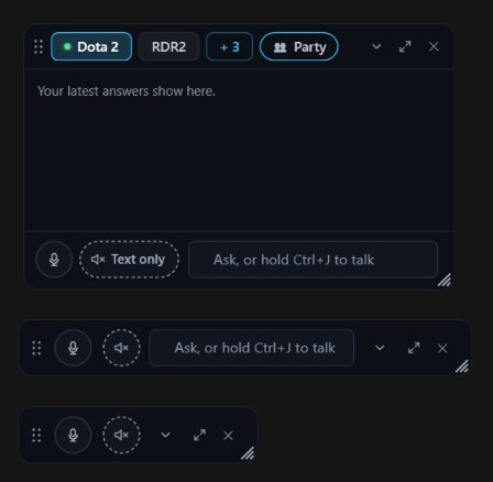 The in-game chat's three looks: full, folded to one row, and compact