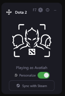 The WingHUD Dota 2 widget: the signed-in player name, the Personalize toggle switched on, and the Sync with Steam button