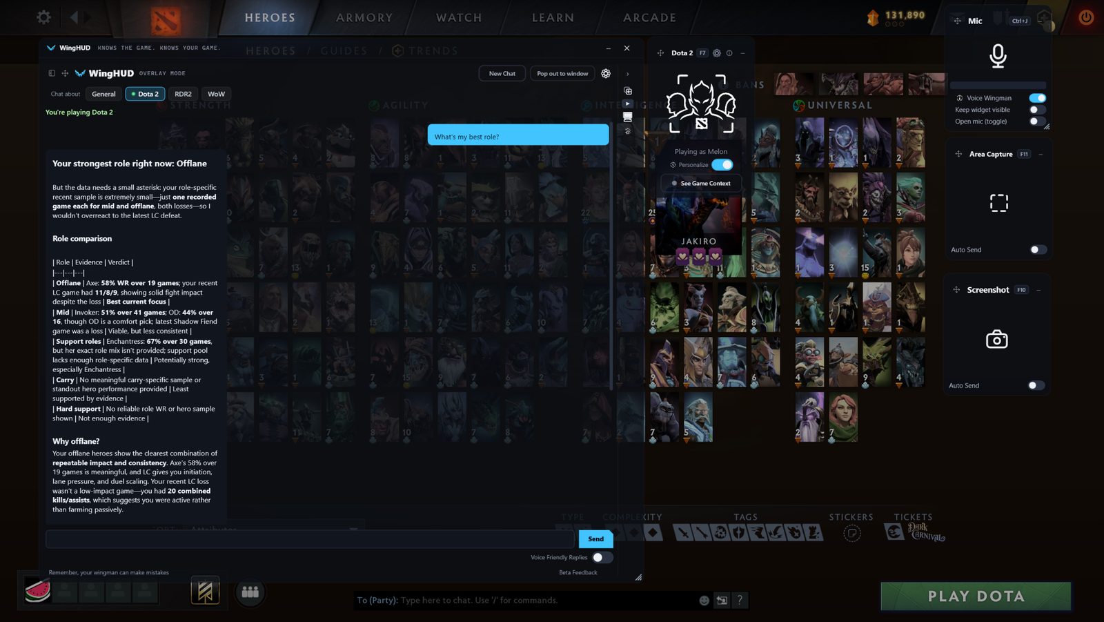 WingHUD ranking a Dota 2 player’s best role from their synced match history