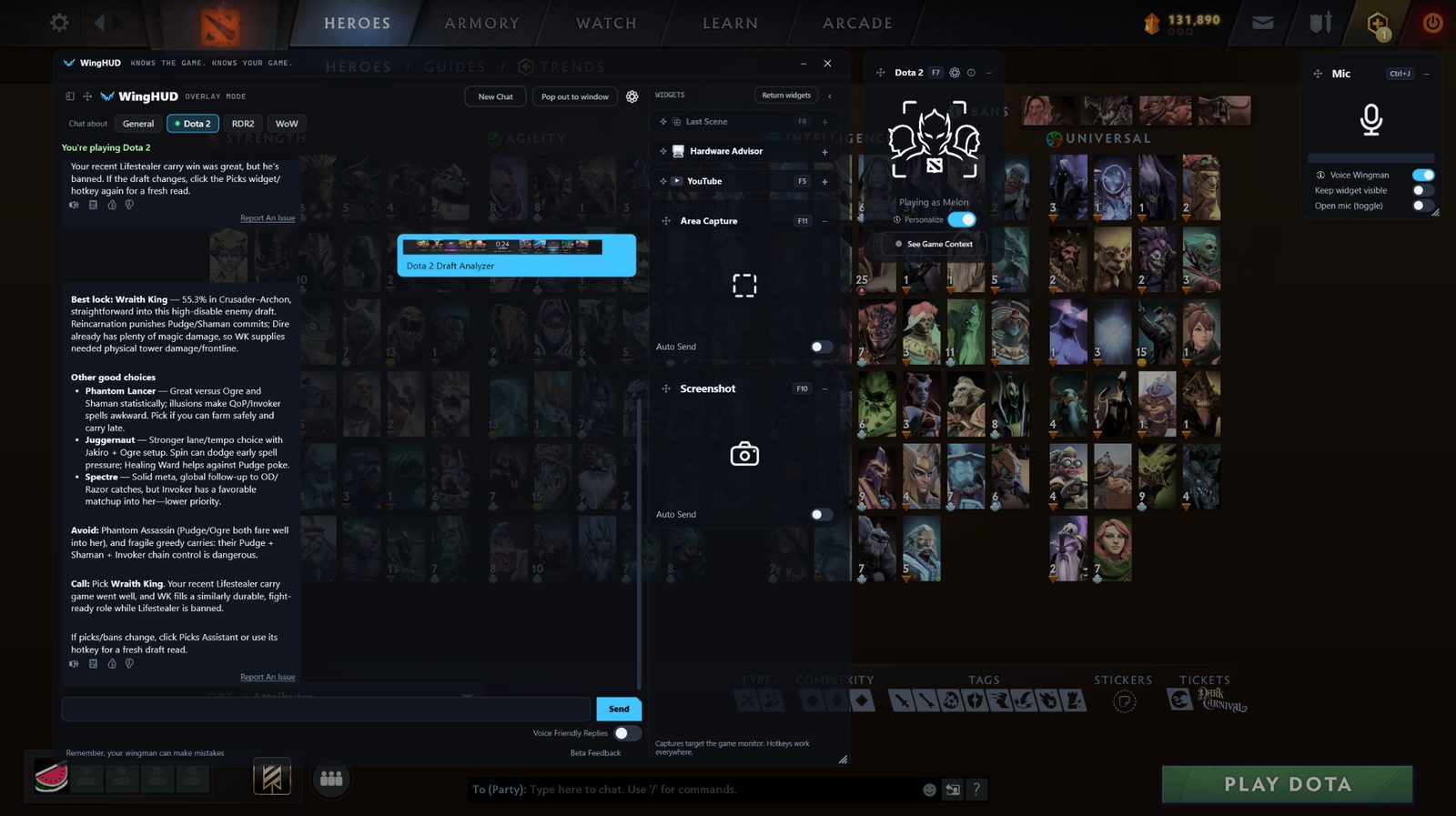WingHUD Draft Analyzer recommending a carry for the current Dota 2 draft