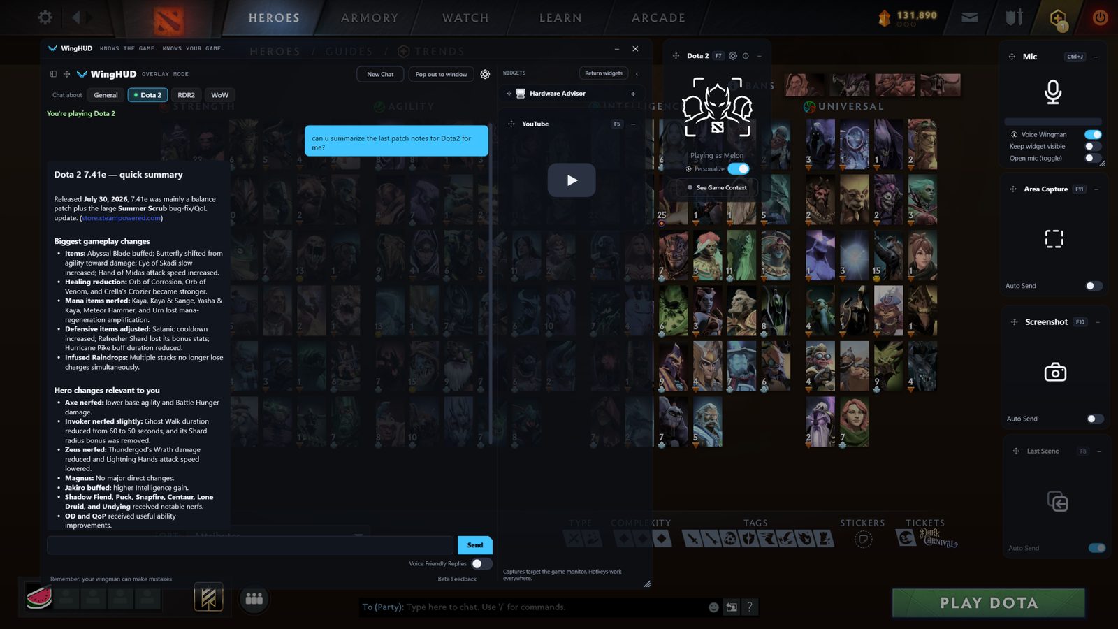 WingHUD summarizing Dota 2 patch 7.41e in the game overlay
