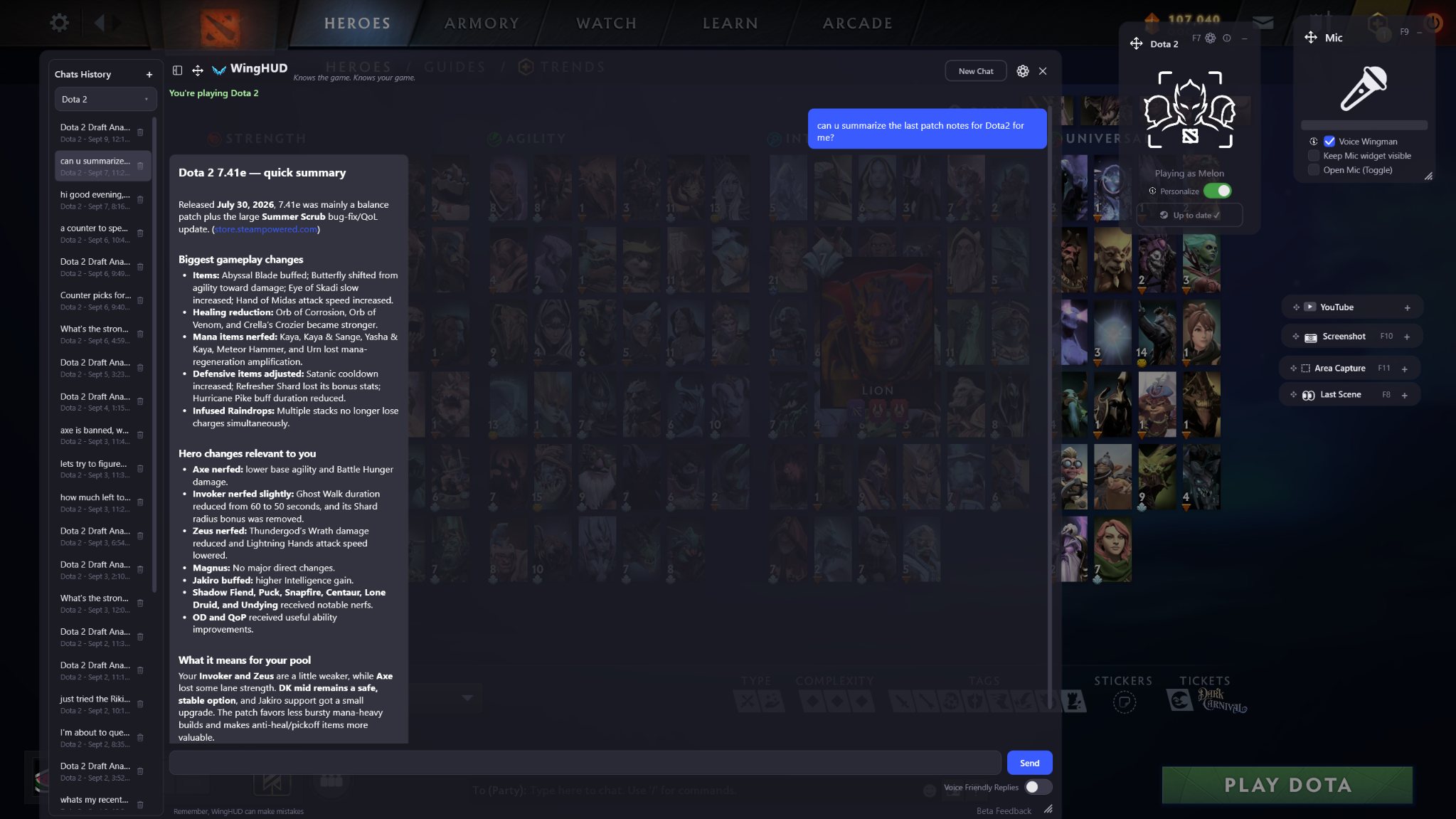 WingHUD summarizing Dota 2 patch 7.41e in the game overlay