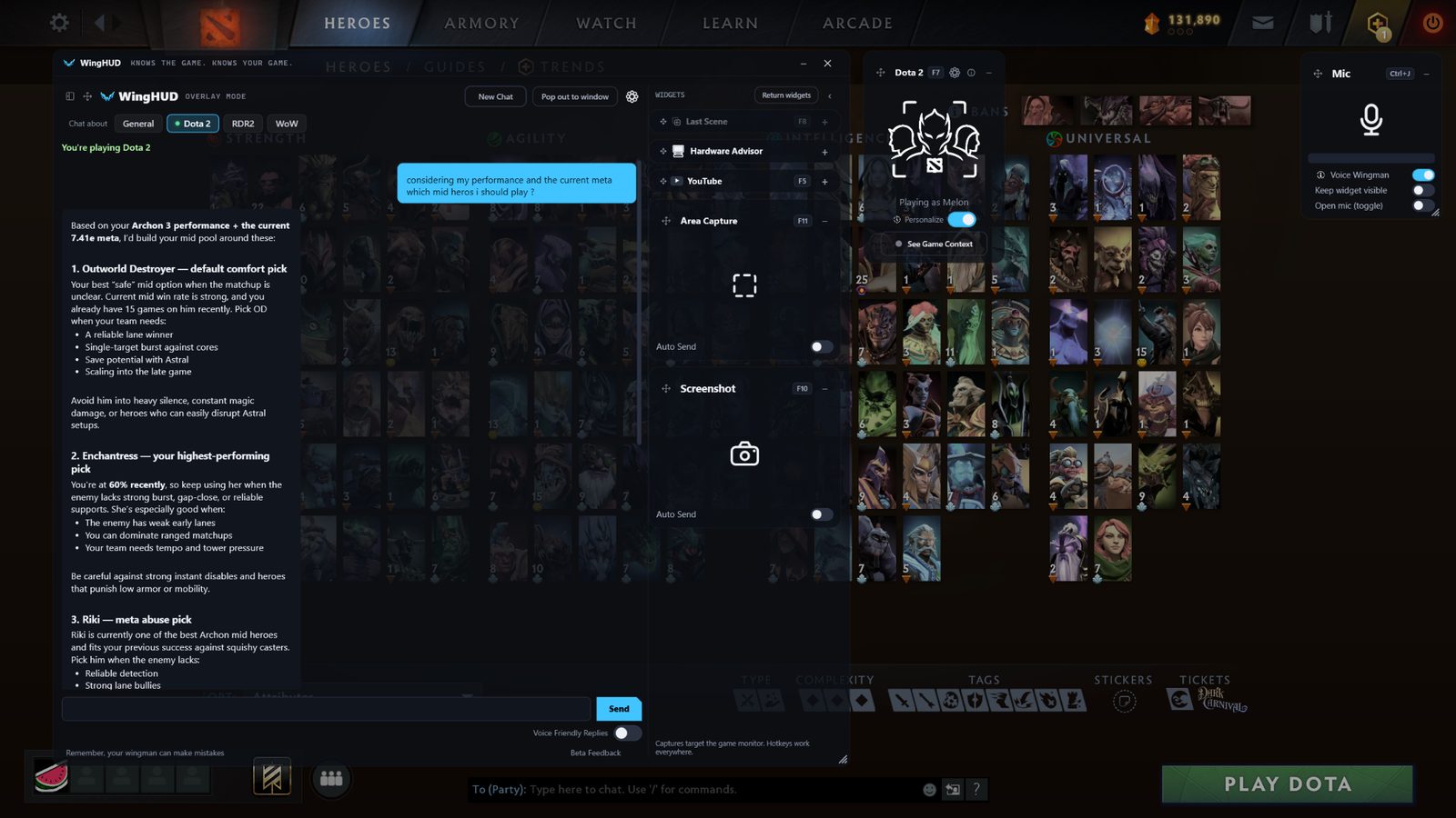 WingHUD recommending personalized Dota 2 mid heroes based on current meta and player performance