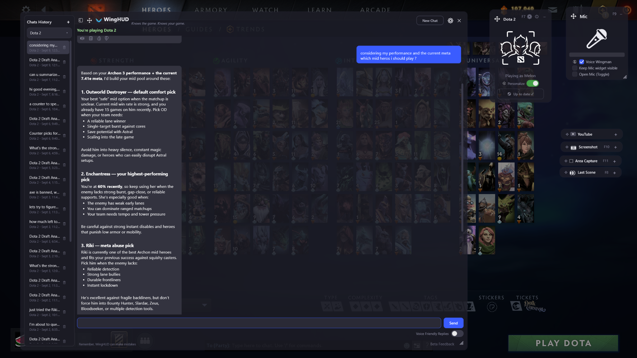 WingHUD recommending personalized Dota 2 mid heroes based on current meta and player performance