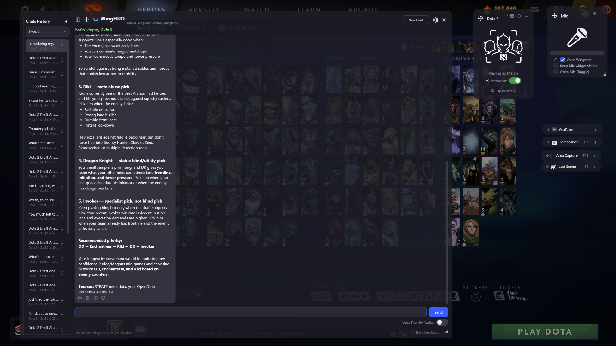 Continuation of WingHUD's personalized Dota 2 mid hero recommendations