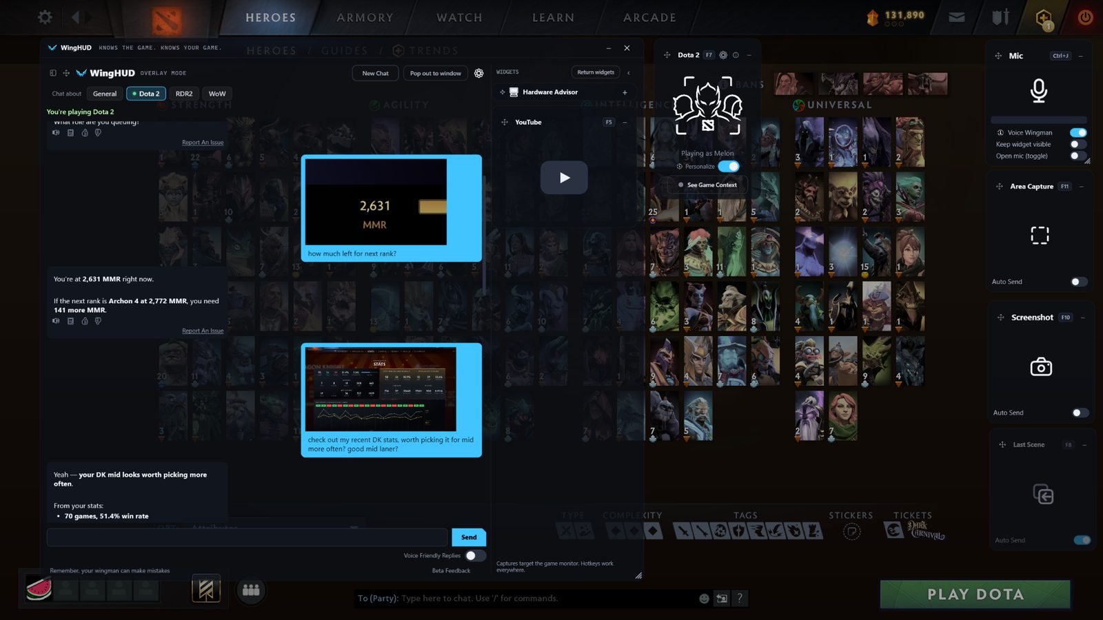 WingHUD answering Dota 2 questions from screenshots of the MMR bar and a hero stats page
