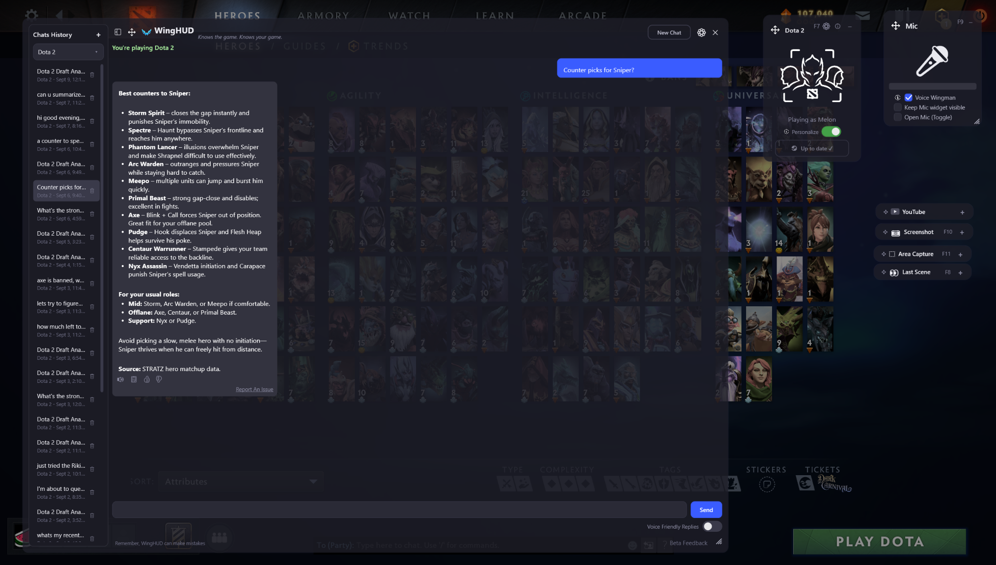 WingHUD showing counter picks for Sniper over a Dota 2 hero screen