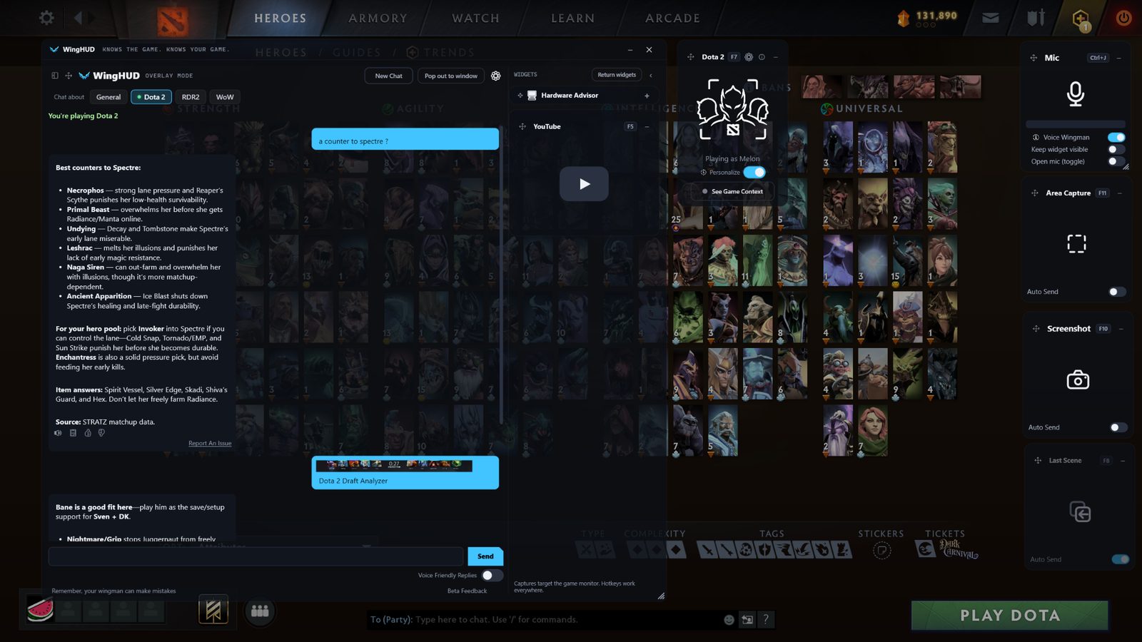 WingHUD showing counter picks for Spectre over a Dota 2 hero screen