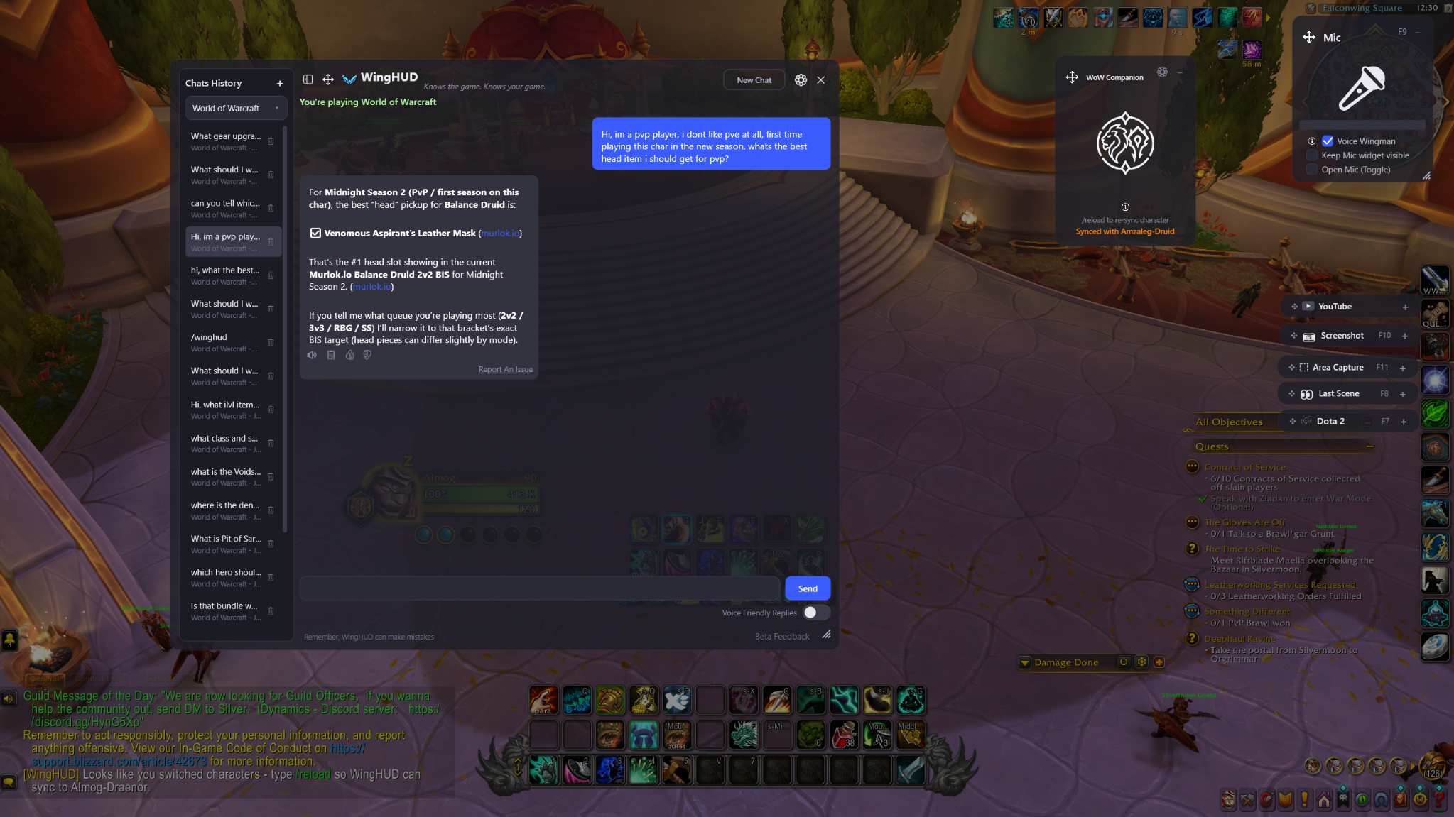 WingHUD recommending a Balance Druid PvP head item in World of Warcraft