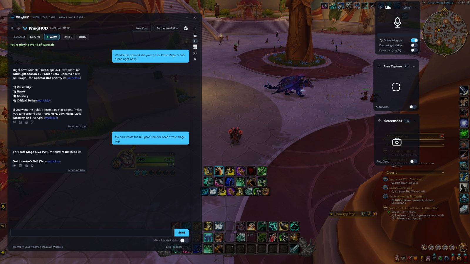 WingHUD giving a Frost Mage 3v3 arena stat priority and BIS head in World of Warcraft