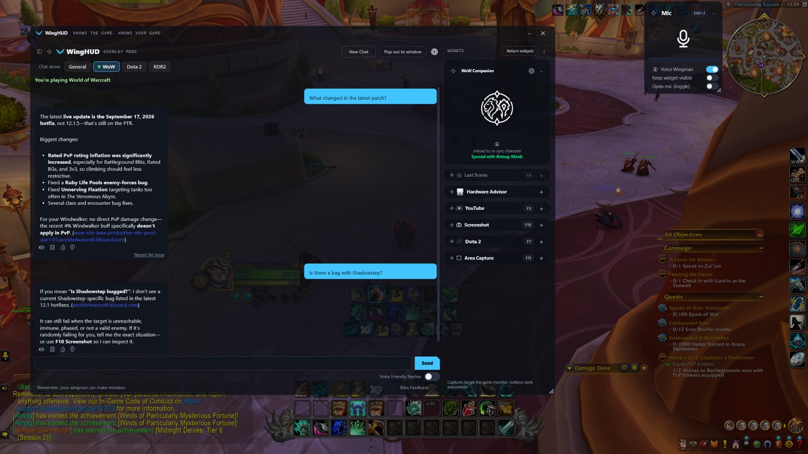 WingHUD summarizing the latest World of Warcraft patch changes in-game