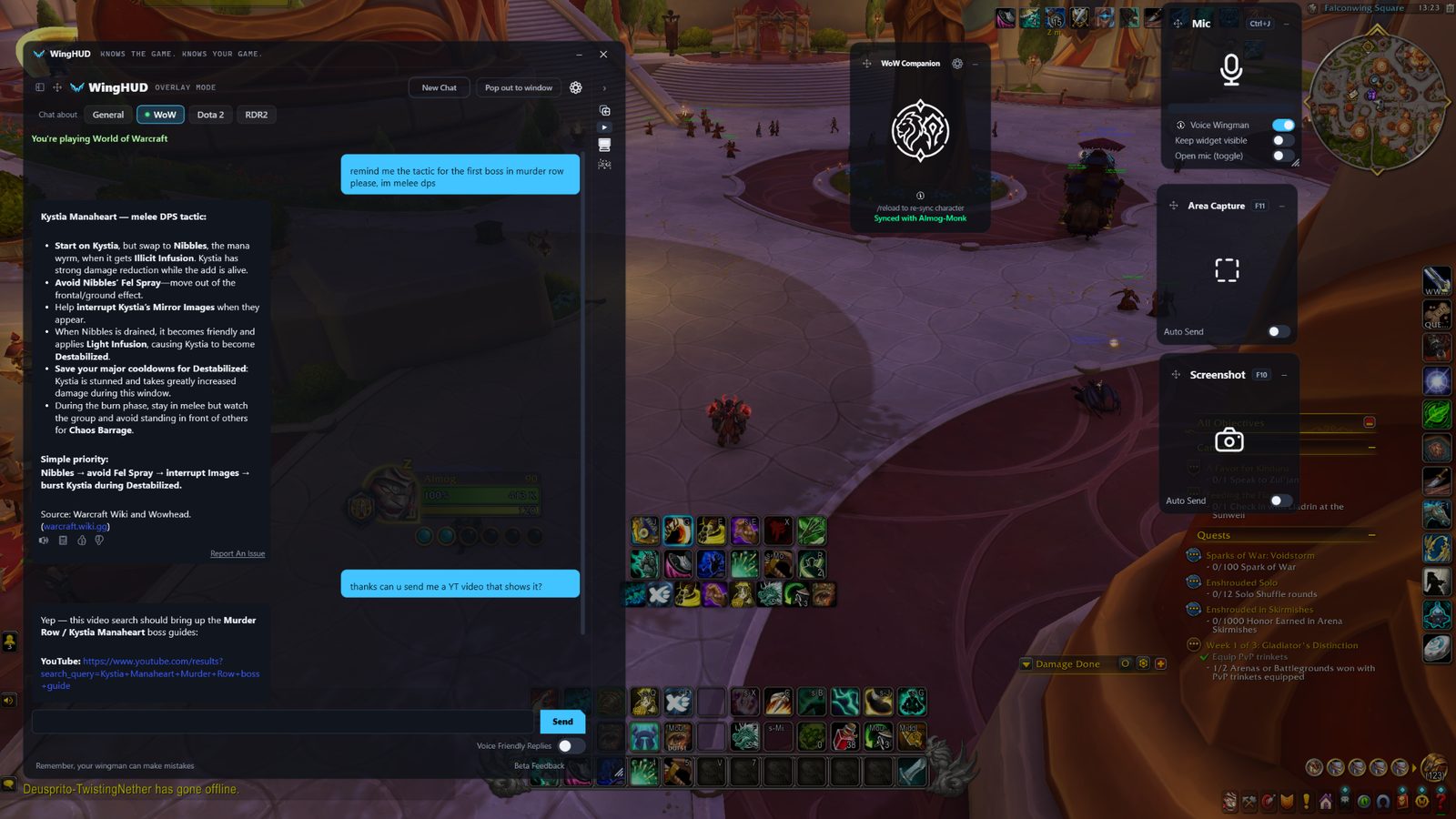 WingHUD giving a melee DPS boss reminder for Kystia Manaheart in World of Warcraft