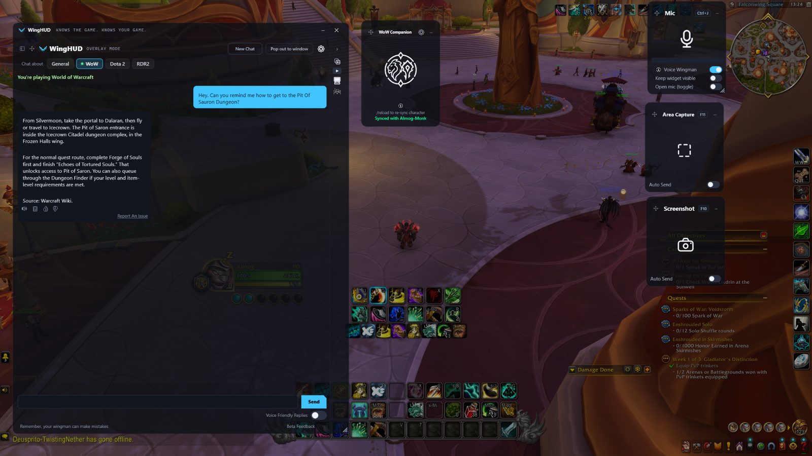WingHUD giving World of Warcraft directions to Pit of Saron while the player remains in the game