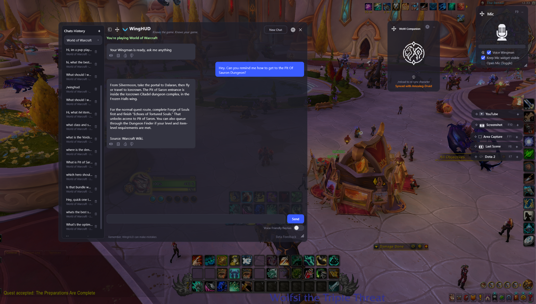 WingHUD giving World of Warcraft directions to Pit of Saron while the player remains in the game