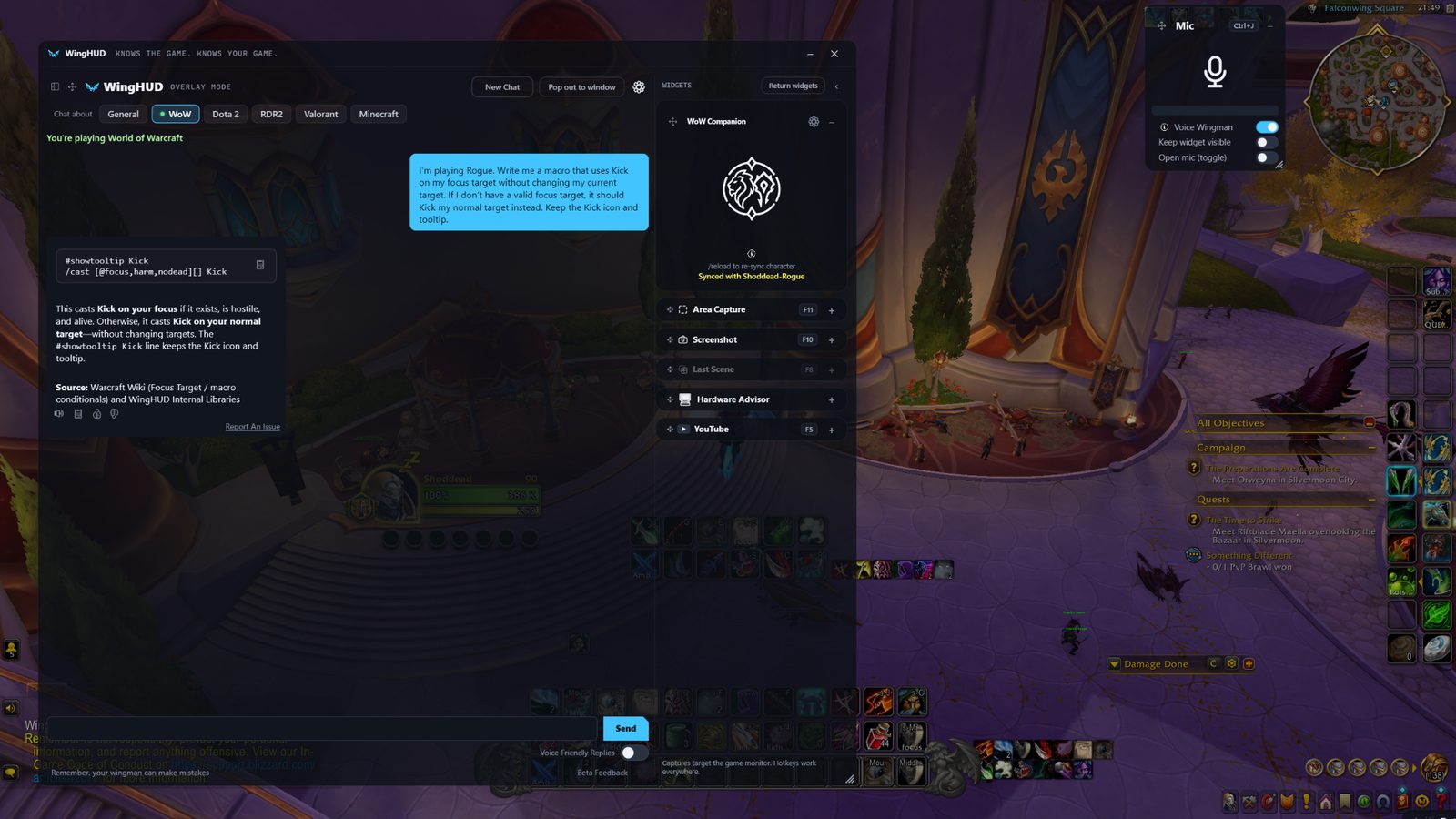 WingHUD writing a Rogue focus Kick macro while World of Warcraft is running