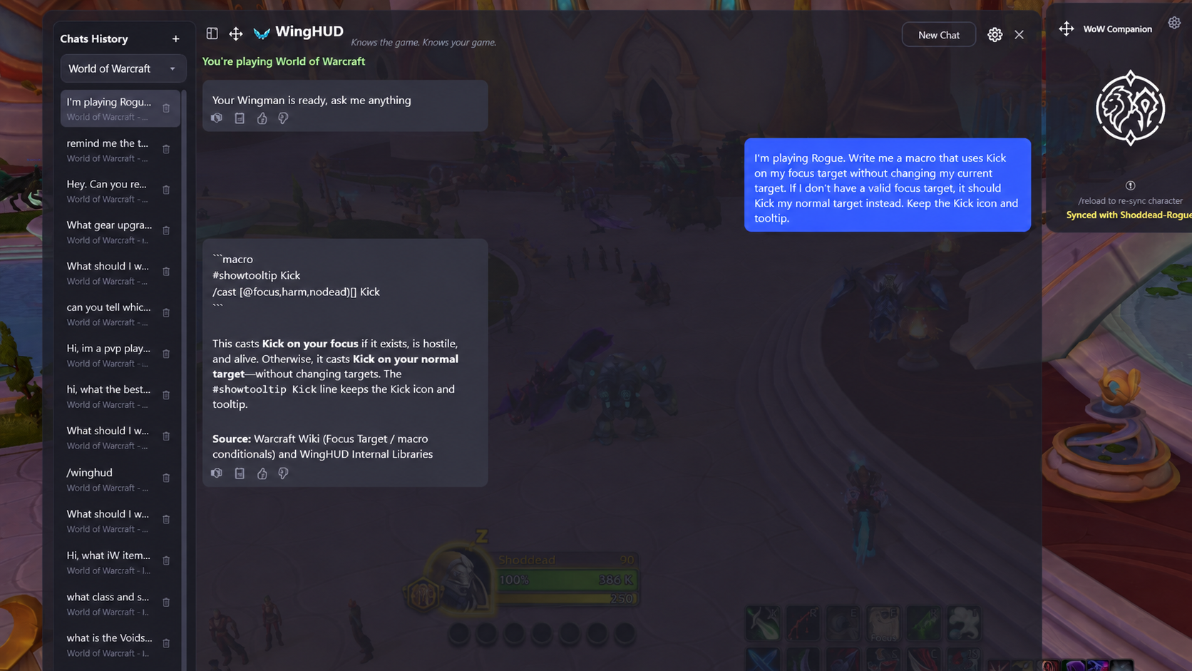 WingHUD writing a Rogue focus Kick macro while World of Warcraft is running