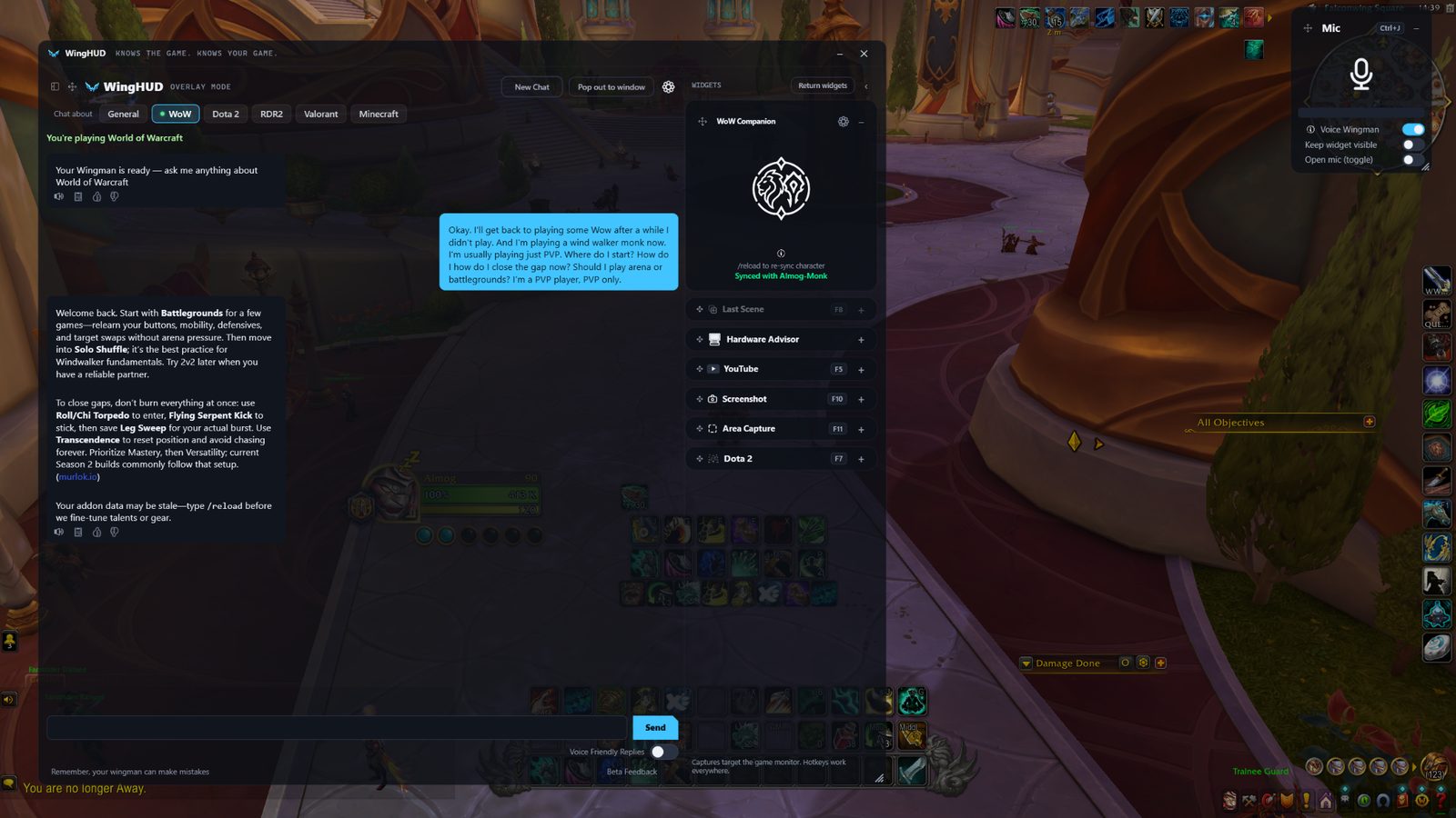 WingHUD coaching a returning Windwalker Monk PvP player in World of Warcraft