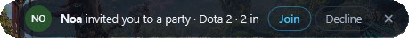 A WingHUD party invite over a game: a friend invited you to a party, with Join and Decline