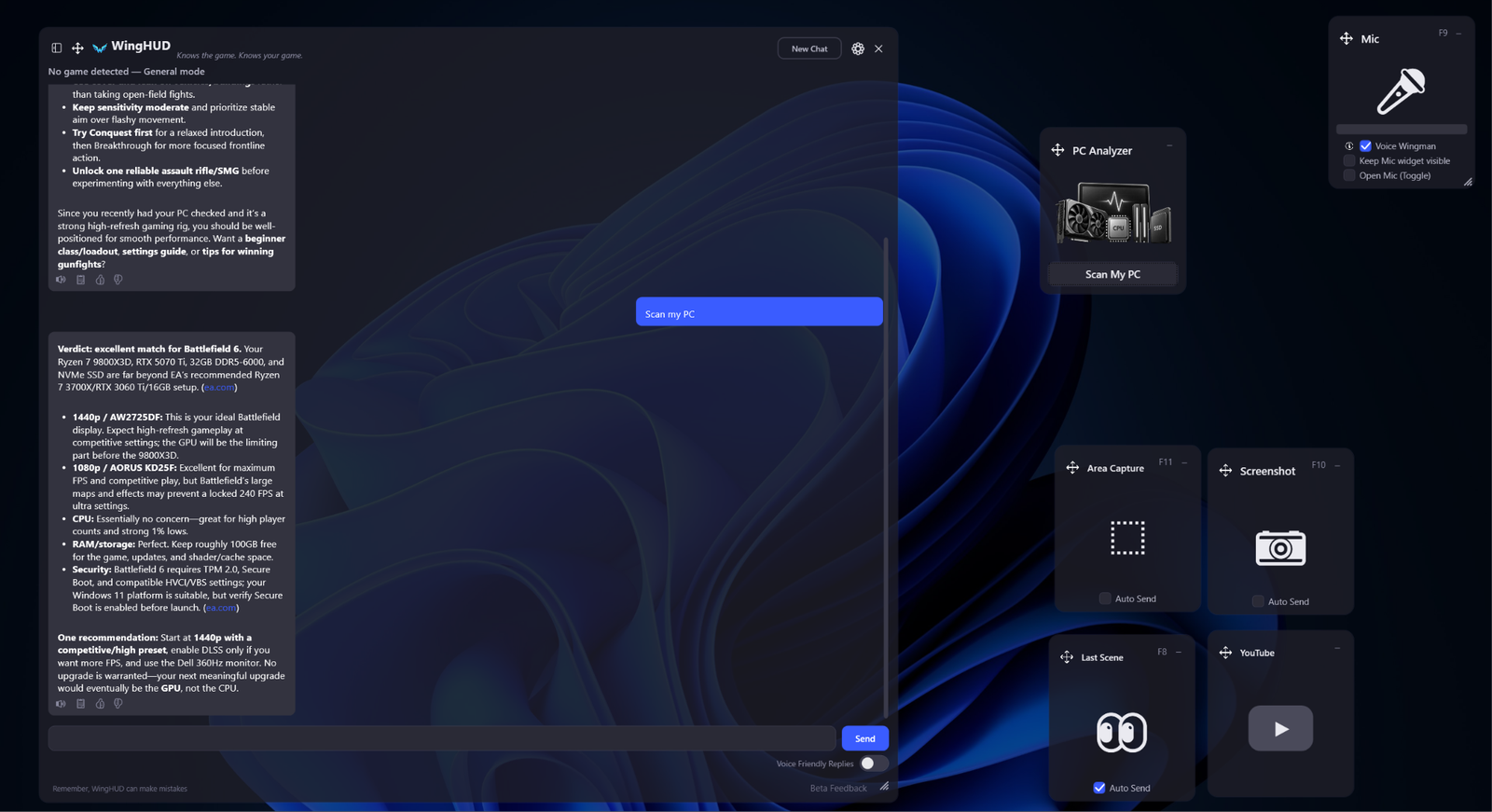 WingHUD's PC Analyzer answering whether a real rig is a good match for a game: a verdict, a per-monitor breakdown for 1440p and 1080p, notes on CPU, RAM and storage, and one upgrade recommendation