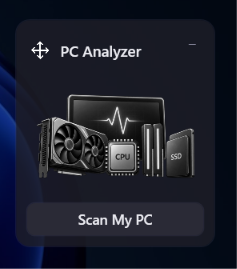 The WingHUD PC Analyzer widget in the overlay: a hardware illustration and a Scan My PC button