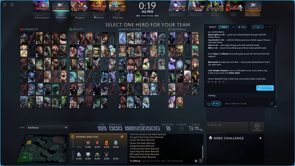 Dota 2 pick phase with Watch Me Play on: a thin blue frame around the screen, and the in-game chat with the red watch pill at 1 minute, pick suggestions for the player's role, and a spoken question being transcribed.