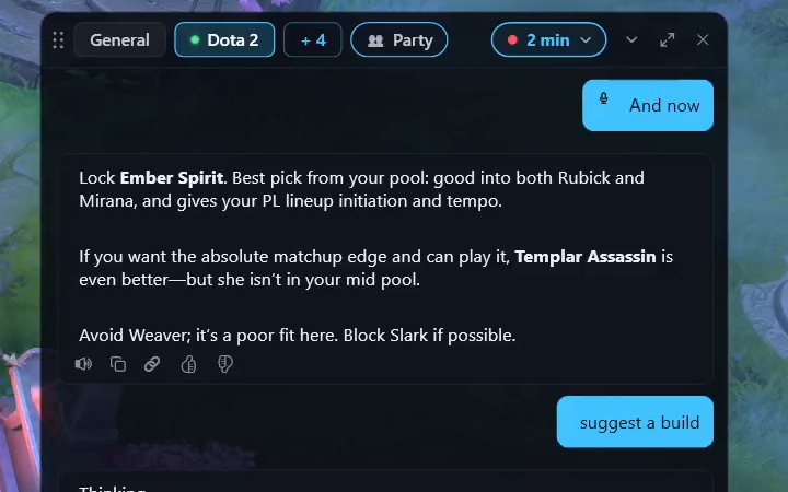 The in-game chat in a match: the spoken question &ldquo;And now&rdquo;, and the answer to lock Ember Spirit, the best pick from the player's pool.