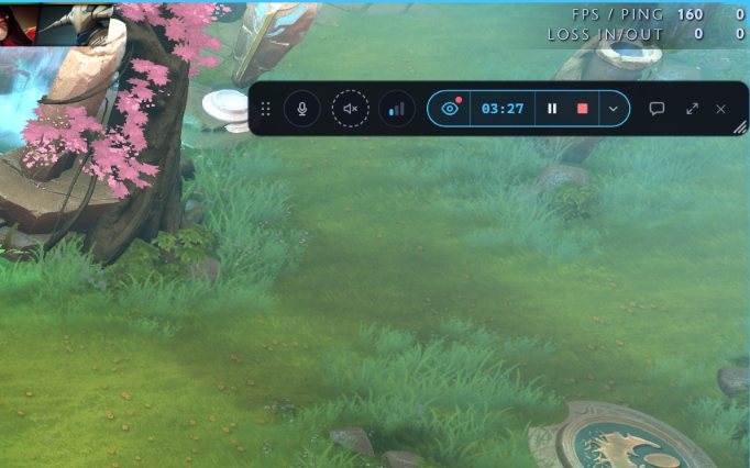 The in-game chat folded to one row over the game: mic, speaker, the watch pill at 3:27 with Pause and Stop, and the chat icon.