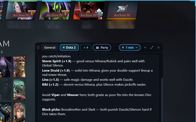 The top-right corner of the screen while watching: the frame's corner mark, and the in-game chat header with the red watch pill at 1 minute.