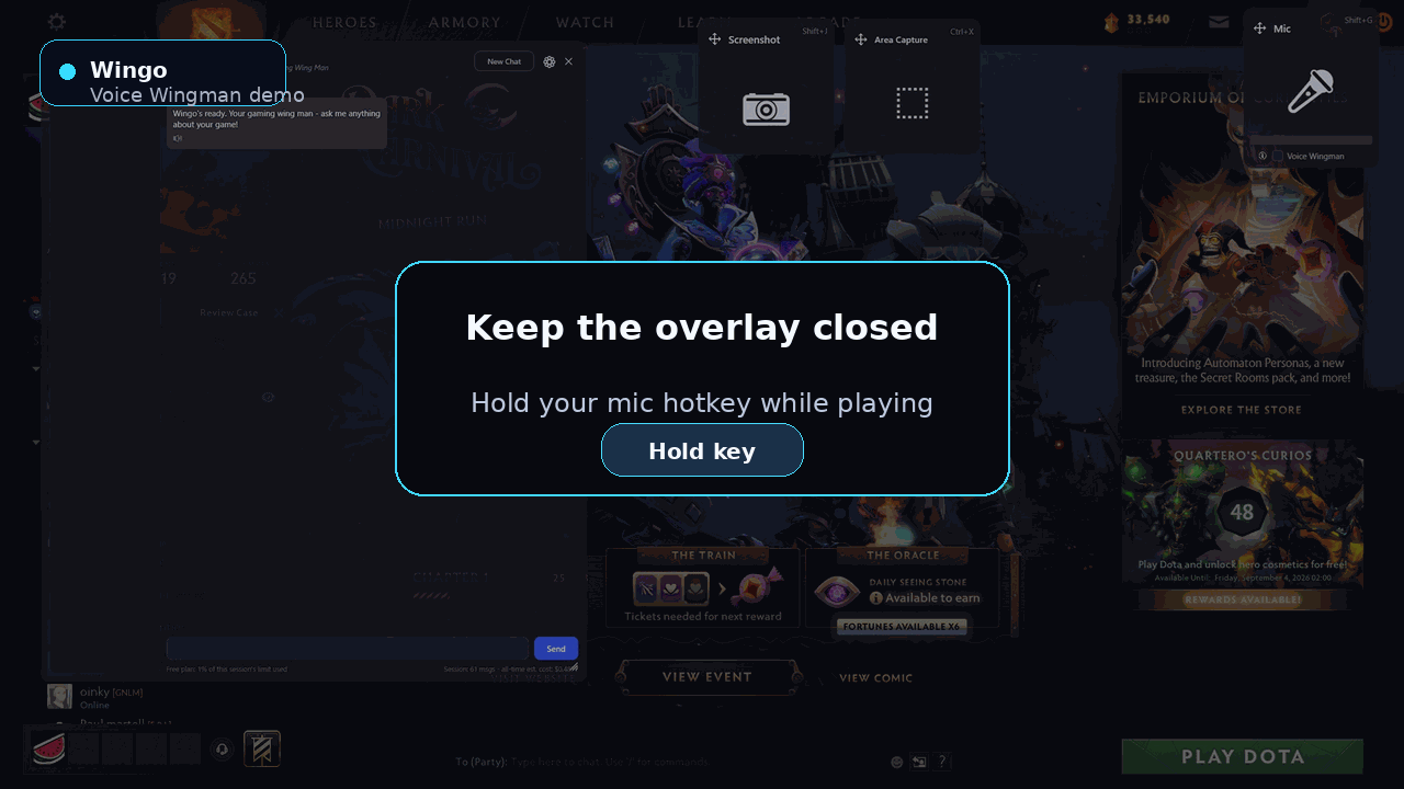 Voice Wingman demo: a player holds a hotkey, asks a question out loud, and WingHUD answers by voice while the game keeps running