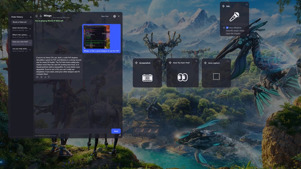 The WingHUD AI gaming overlay open on top of a PC game, answering a build question in its chat panel