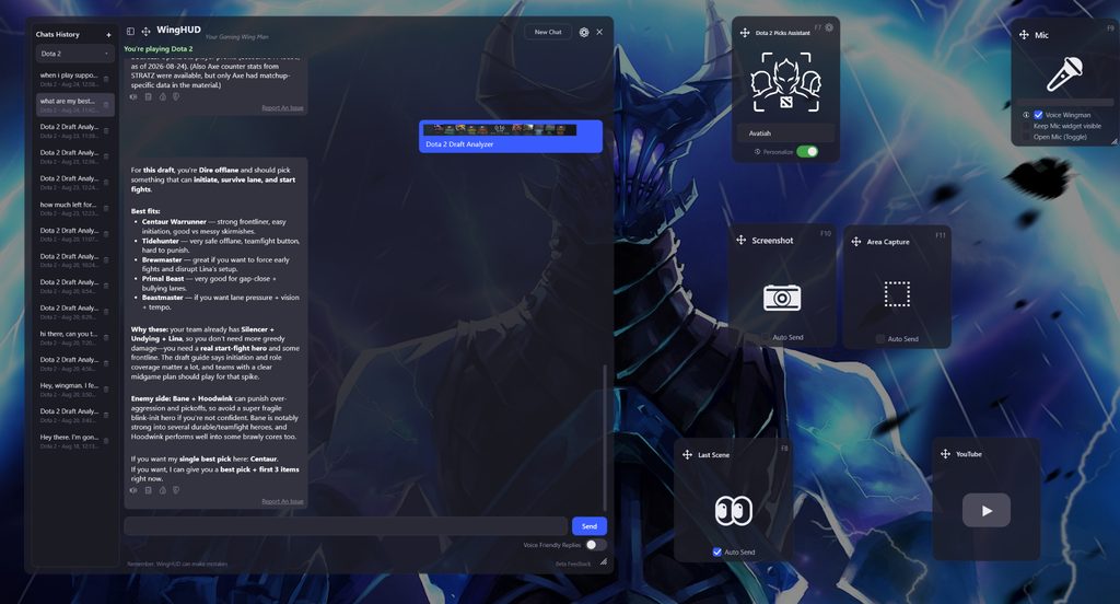 The WingHUD AI overlay over Dota 2, suggesting draft picks in its chat panel with voice, screenshot and capture widgets around it
