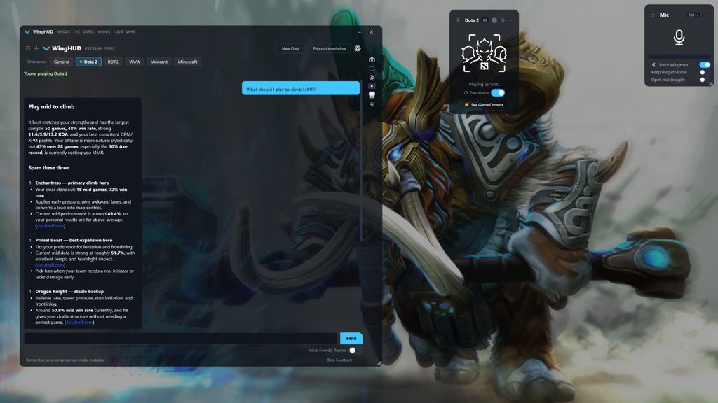 WingHUD overlay over Dota 2: the chat panel recommends playing mid to climb MMR, built from the player's own match win rates and hero pool; the Dota 2 widget shows the current hero and Voice Wingman is on.