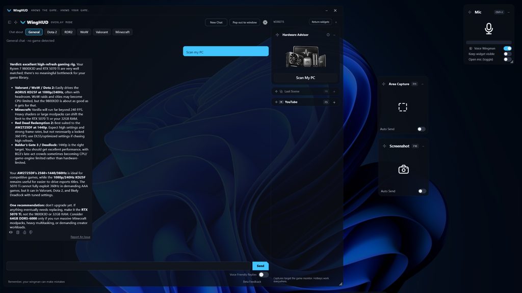 WingHUD overlay on the Windows desktop with no game running: General chat answers a scan-my-PC request with a Hardware Advisor verdict across the user's game library; the Hardware Advisor, Area Capture and Screenshot widgets are open.