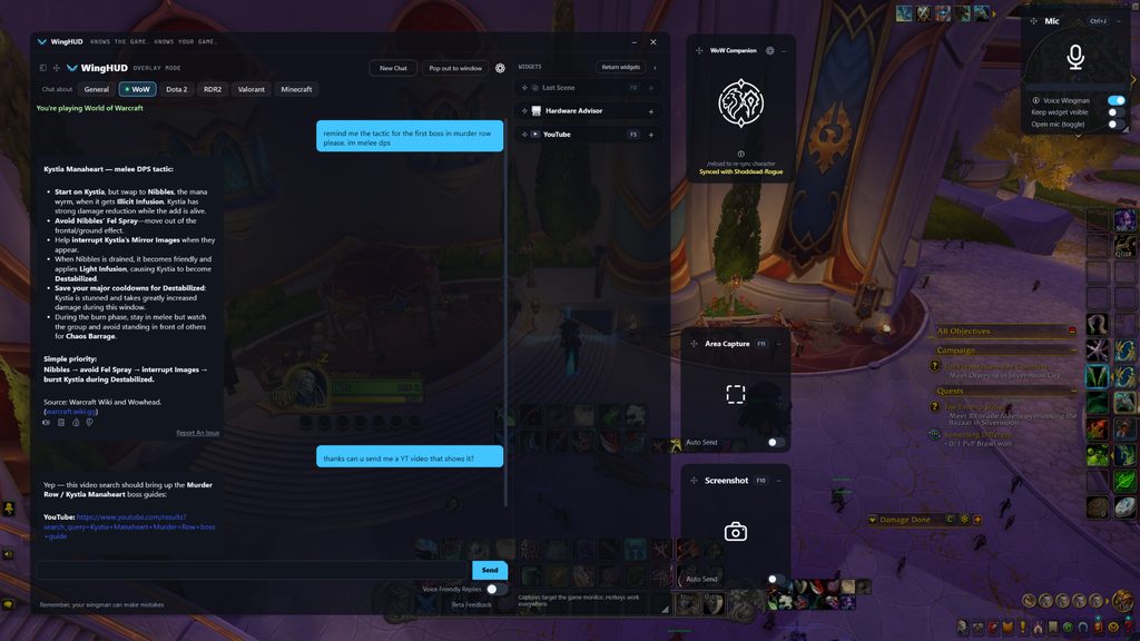 WingHUD overlay over World of Warcraft: the chat panel gives a melee-DPS boss tactic for Murder Row and then answers a follow-up asking for a YouTube video; the WoW Companion widget is synced to the current character, with Area Capture and Screenshot widgets on the right.